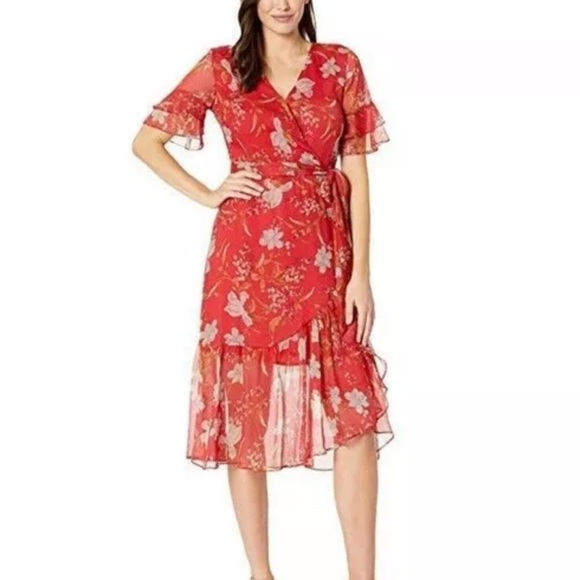 Vince Camuto Red Floral Chiffon Ruffle Sleeve Belted Dress - Picture 1 of 11